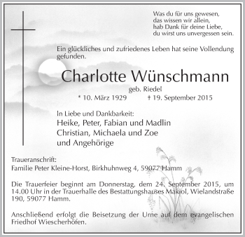 Traueranzeige von Charlotte Wünschmann