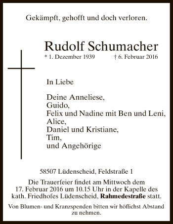 Traueranzeige von Rudolf Schumacher
