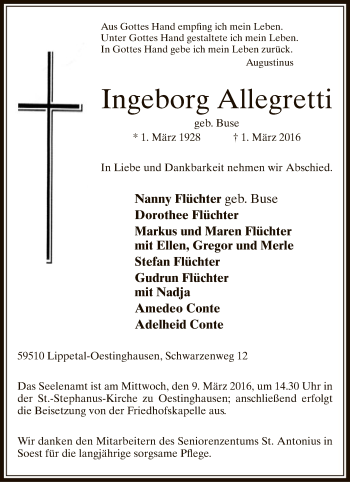 Traueranzeige von Ingeborg Allegretti