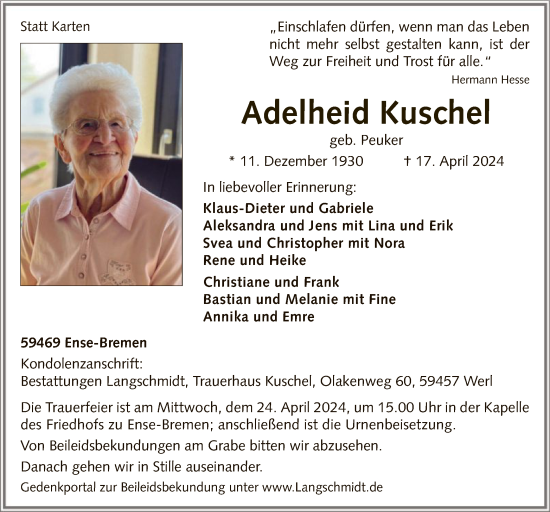 Traueranzeige von Adelheid Kuschel