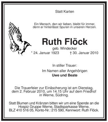 Traueranzeige von Ruth Flöck