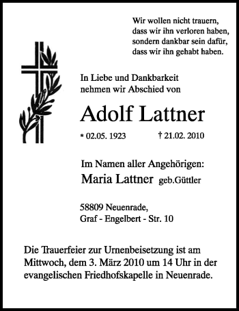 Traueranzeige von Adolf Lattner
