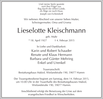 Traueranzeige von Lieselotte Kleischmann