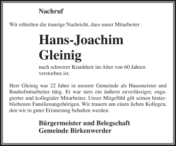 Traueranzeige von Hans-Joachim Gleinig