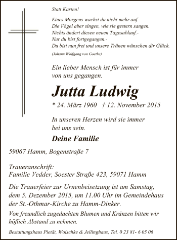 Traueranzeige von Jutta Ludwig