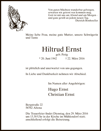 Traueranzeige von Hiltrud Ernst
