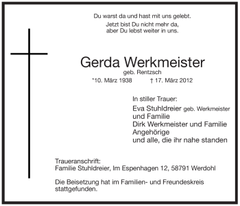 Traueranzeige von Gerda Werkmeister