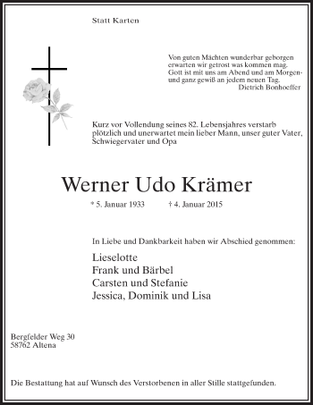 Traueranzeige von Werner Udo Krämer