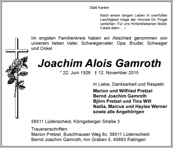 Traueranzeige von Joachim Alois Gamroth