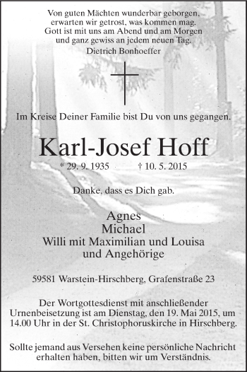 Traueranzeige von Karl-Josef Hoff