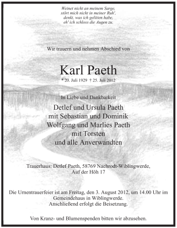 Traueranzeige von Karl Paeth