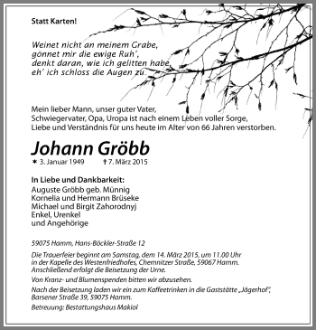 Traueranzeige von Johann Gröbb
