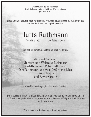 Traueranzeige von Jutta Ruthmann