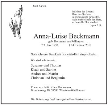 Traueranzeige von Anna-Luise Beckmann