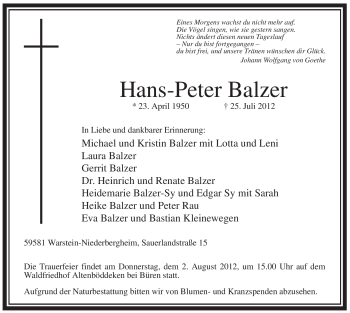 Traueranzeige von Hans-Peter Balzer