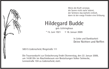 Traueranzeige von Hildegard Budde