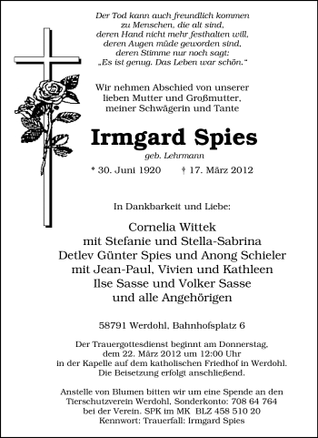 Traueranzeige von Irmgard Spies