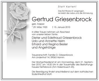 Traueranzeige von Gertrud Griesenbrock