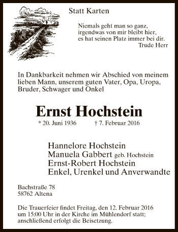 Traueranzeige von Ernst Hochstein