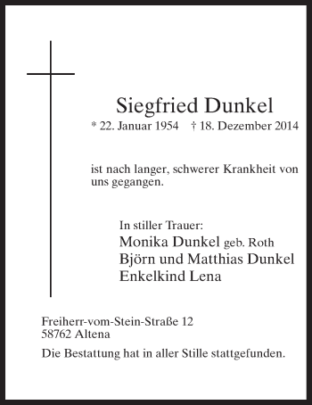 Traueranzeige von Siegfried Dunkel