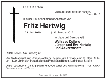 Traueranzeige von Fritz Hartwig