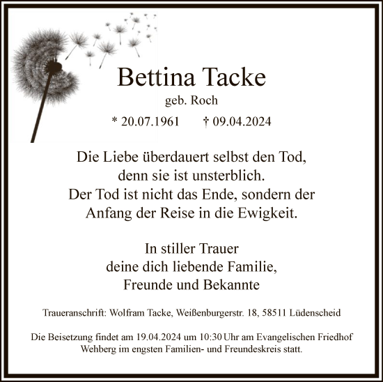 Traueranzeige von Bettina Tacke