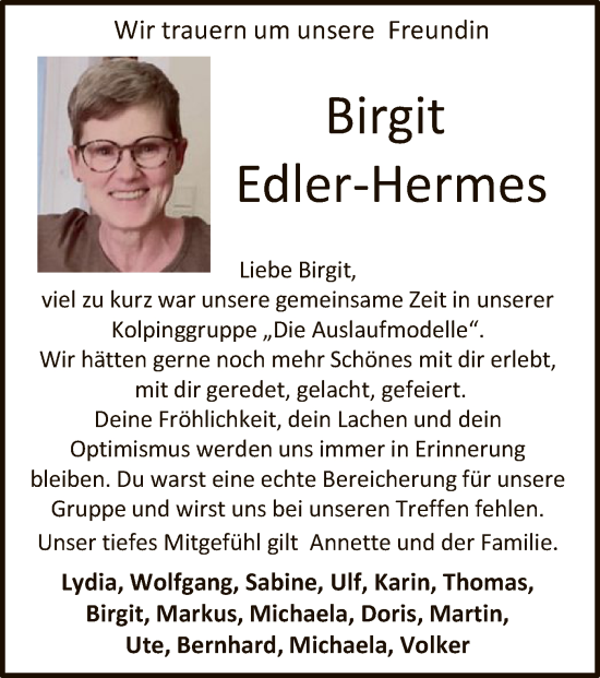 Traueranzeige von Birgit Edler-Hermes
