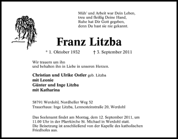 Traueranzeige von Franz Litzba