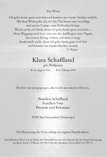 Traueranzeige von Klara Schaffland