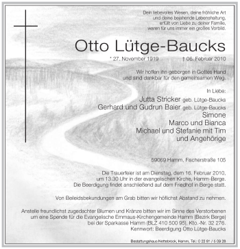 Traueranzeige von Otto Lütge-Baucks