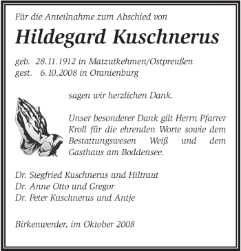 Traueranzeige von Hildegard Kuschnerus