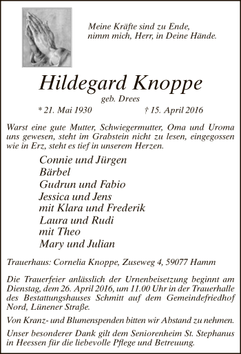 Traueranzeige von Hildegard Knoppe