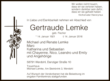 Traueranzeige von Gertraude Lemke