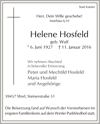 Traueranzeige von Helene Hosfeld