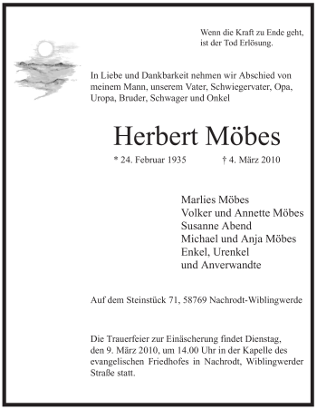 Traueranzeige von Herbert Möbes