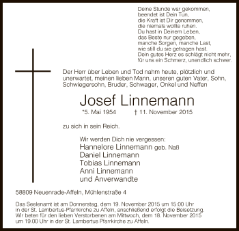 Traueranzeige von Josef Linnemann