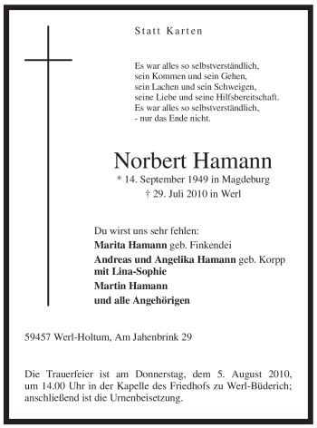 Traueranzeige von Norbert Hamann
