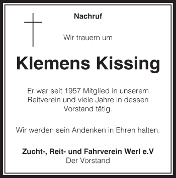 Traueranzeige von Klemens Kissing