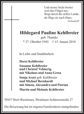 Traueranzeige von Hildegard Pauline Kehlbreier