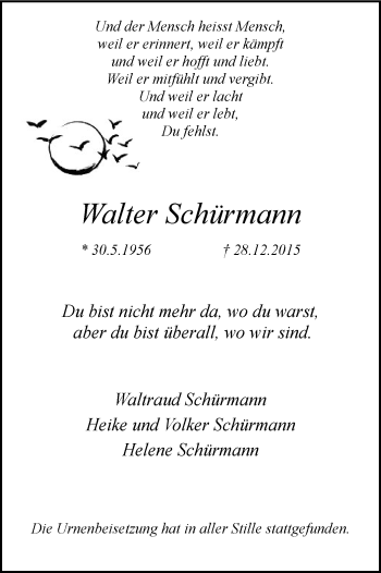 Traueranzeige von Walter Schürmann
