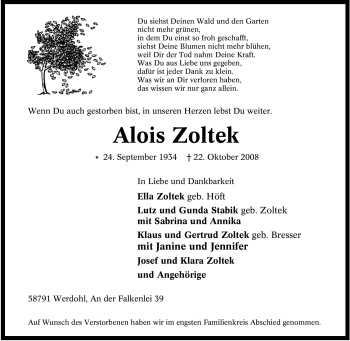 Traueranzeige von Alois Zoltek