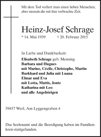 Traueranzeige von Heinz-Josef Schrage