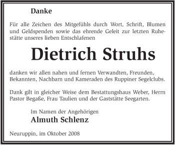 Traueranzeige von Dietrich Struhs