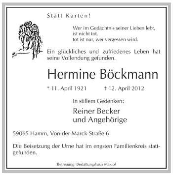 Traueranzeige von Hermine Böckmann