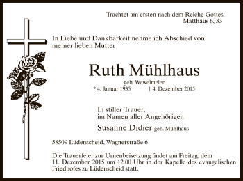 Traueranzeige von Ruth Mühlhaus