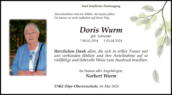 Traueranzeige von Doris Wurm