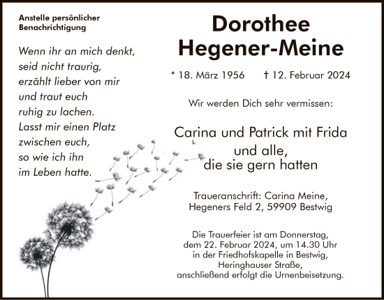 Traueranzeige von Dorothee Hegener-Meine