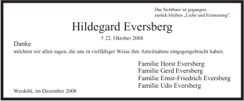 Traueranzeige von Hildegard Eversberg