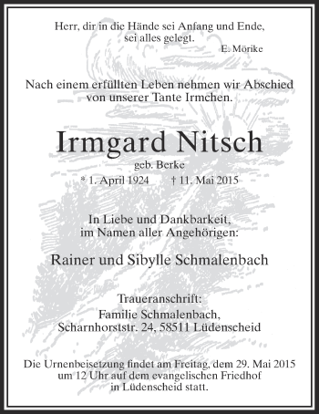 Traueranzeige von Irmgard Nitsch