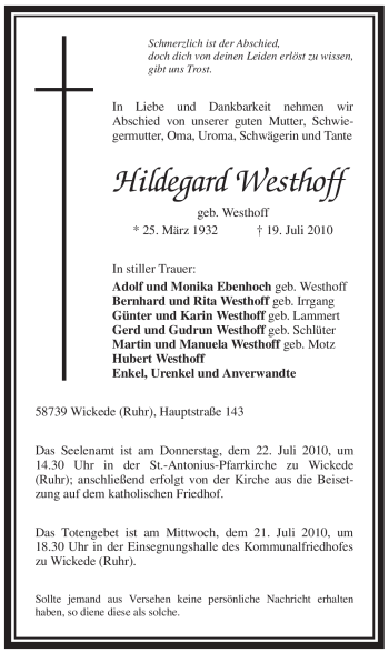 Traueranzeige von Hildegard Westhoff